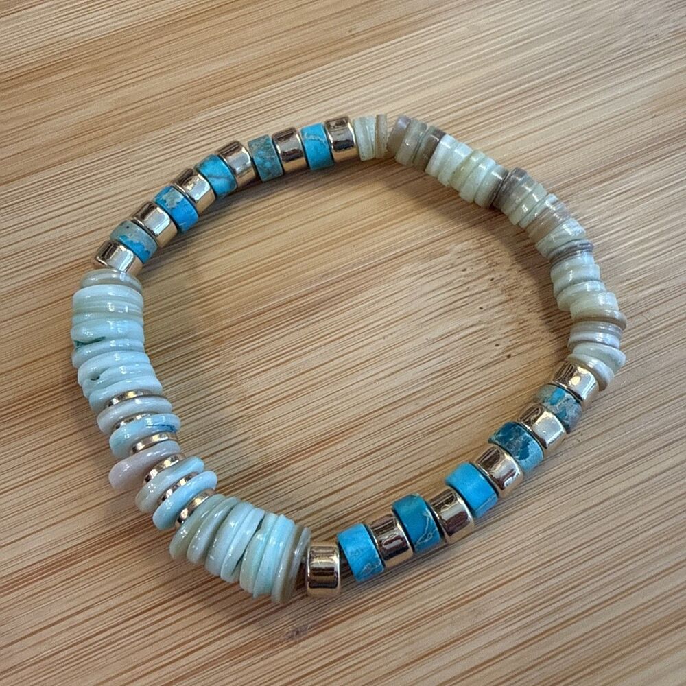 AQUA AND BEIGE GOLD BEAD BRACELET ELASTIC Avenue Zoe
